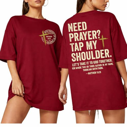 Christian Shirts for Men Women Need Prayer Tap My Shoulder Shirt Christian Religious Faith Bible Verse Cross Shirt - color: Claret, size: X-Large