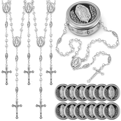 Jadive 12 Sets Catholic Rosary Necklace 6mm Glass Pearl Beaded - color: Silver