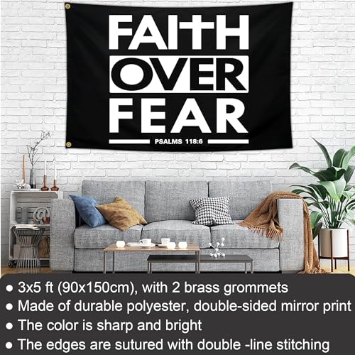 Faith Over Fear Flag Christian Jesus Flags 3x5 Outdoor Funny Tapestry Flag Inspirational Gym Motivational Flags for Room Guys Home Gym Bedroom College Dorm Motivation Wall Art Decor Banner