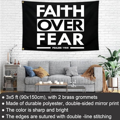 Faith Over Fear Flag Christian Jesus Flags 3x5 Outdoor Funny Tapestry Flag Inspirational Gym Motivational Flags for Room Guys Home Gym Bedroom College Dorm Motivation Wall Art Decor Banner