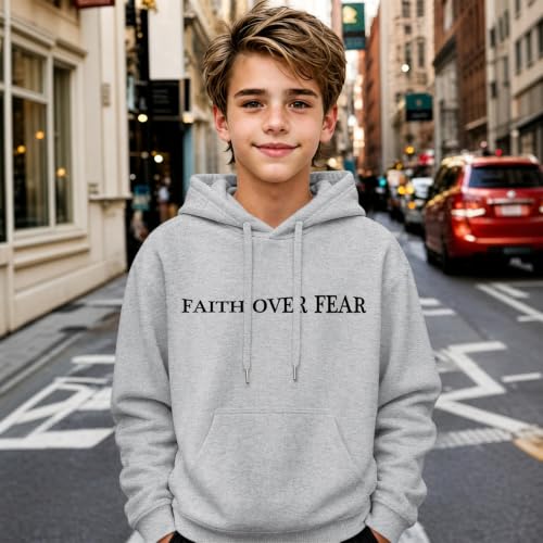 Fkatuzi Christian Faith Over Fear Hoodies For Teen Jesus Hoodie God Sweatshirt Bible Verse Religious Graphic Tops - color: Light Gray, size: 3X-Large