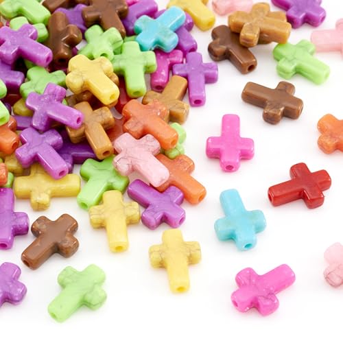Magibeads 100Pcs Acrylic Cross Beads Assorted Crucifix Easter Bracelet Beads for Keychain Crafts DIY Jesus Bracelet Rosary Jewelry Making Supplies 16.5x12.5mm - color: Random Colors Faux Turquoise