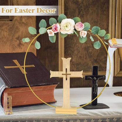 Mototo 48 Pcs Standing Wooden Cross Baptism Centerpieces Decor 16 Wooden Cross with Base 16 Gold Metal Floral Hoop with Wooden Stand Baptism Centerpiece Table Decor for Wedding Event Home Table