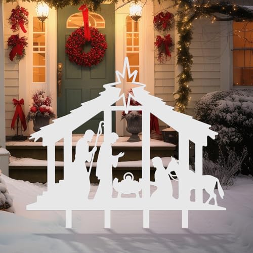 Cinnvoice 40" x 31" Large Christmas Metal Yard Stakes Christmas Garden Stakes Waterproof Xmas Outdoor Yard Decor with Stake for Xmas Holiday Lawns Outdoor Decor(Nativity,White)