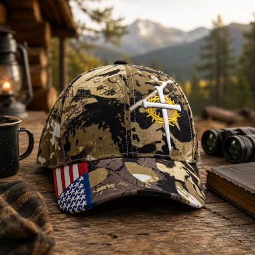 Christian Cross Baseball Cap for Men, American Flag - color: Camo
