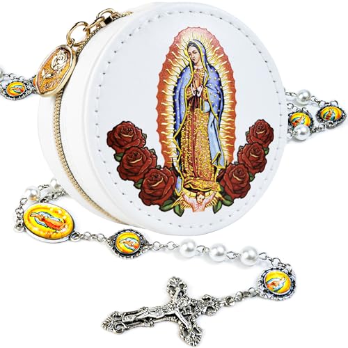 8mm Glass Pearl Catholic Rosary Necklace - Our Lady of Guadalupe Rosary Beads with Prayer Box, First Communion & Baptism Gift for Women and Men (La Rosa de Guadalupe) - color: white