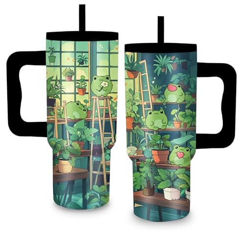 24 oz Green Frog Tumbler with Handle and Straw, Frog Themed Gifts - color: Frog