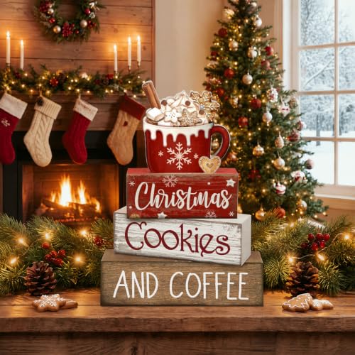 Lineshading 4 Pcs Christmas Coffee Table Decor, Hot Cocoa Wood Block Signs - style: Christmas Cookies and Coffee