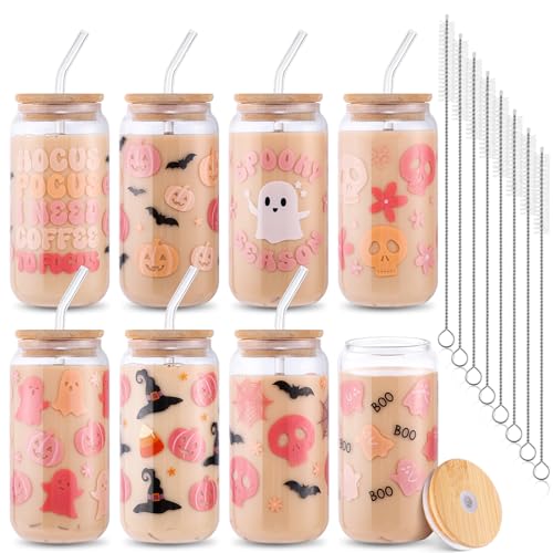 8 Pcs Pink Halloween Glass Cups Spooky Ghost Cups for Boo Basket Gift Ideas - style: Halloween Pink Ghost