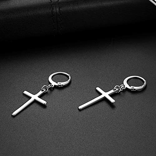 Dangle Stud Earrings,Flongo Men's Womens Stainless Steel Pearl Cross Dangle Hinged Stud Earrings,Piercing Christmas Cross Huggie Hoop Earrings Gift for Men Women Wedding Valentine's Day