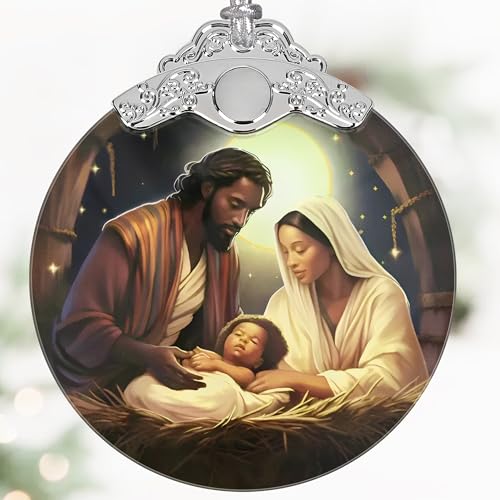 Nativity Christmas Ornaments, 3" Stained Glass Christmas Decor, Religious Ornaments for Christmas Tree, Christian Gifts for Kids, Religious Gifts for Women, Perfect for Holiday Party, Window, Tree - color: Nativity African