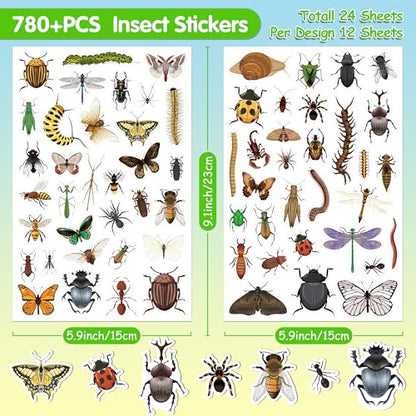LINAYE 24 Sheets Insect Stickers for Kids Boys Girls, 780 Counts Bug Stickers for Scrapbooking,Water Bottles,Envelopes,Laptop - style: Insects 24 Sheets