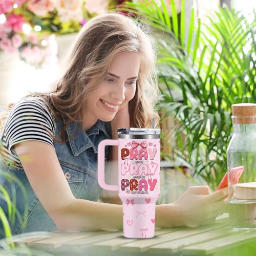 Pink Christian Inspirational Tumbler, Pray Over It Bible Verse Gifts, Christian Gifts for Women, Daily Prayer Pink Tumbler With Handle Jesus Cup 40oz - color: Christian/Pray Over It
