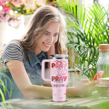 Pink Christian Inspirational Tumbler, Pray Over It Bible Verse Gifts, Christian Gifts for Women, Daily Prayer Pink Tumbler With Handle Jesus Cup 40oz - color: Christian/Pray Over It