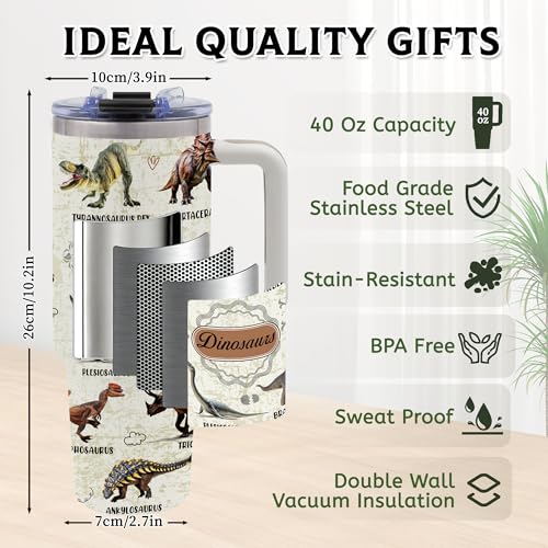 Gifts for Fathers, Dinosaur 40oz Tumbler with Handle - color: Dinosaur-White