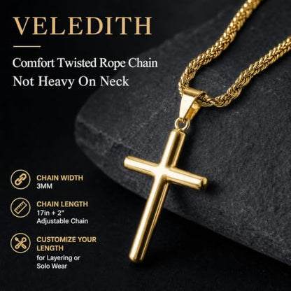 925 Sterling Silver Cross Necklaces for Mens Women CZ Beveled Edge - color: Classic Medium gold cross