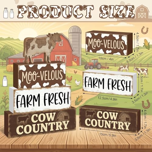 Britimes Tiered Tray Decor Set, 4 Pack, Wooden Table Sign, Cow Farmhouse - style: Brown Cow