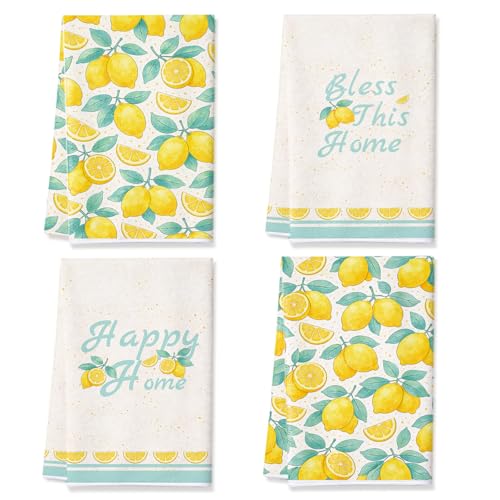 4Pcs Lemon Kitchen Towels,16x24in Microfiber Super Absorbent Dish Towels - color: Yellow Lemon