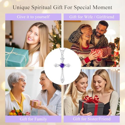 Cross Necklace for Women,925 Sterling Silver Faith Jewerly Gift - color: 02-February-Amethyst