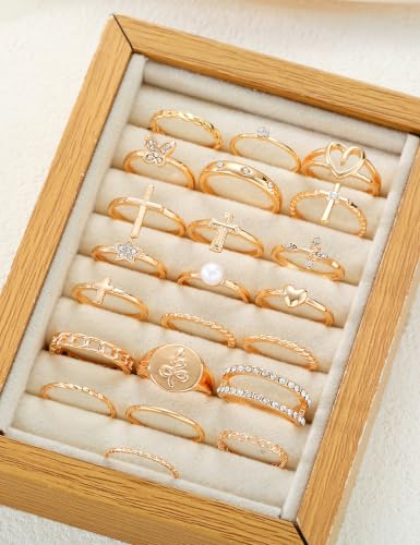Gold Stackable Rings Set for Women, Gold Plated Chunky Crystal Finger Rings - color: Gold Heart