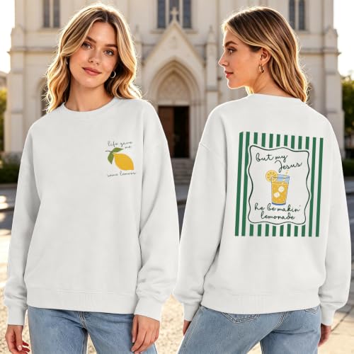 BINTEHGS Christian Sweatshirts For Women My Jesus Making Lemonade Graphic Faith Crewneck Pullover Religious Long Sleeve Shirt - color: White, size: Small