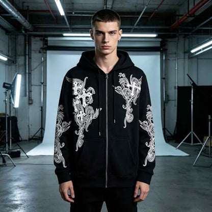 Zip Up Oversized Hoodies Women Men, Graphic Gothic Jackets Cross Hoodie, Baggy Streetwear Fleece Sweater Unisex - color: Black, size: Large