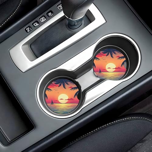 Beach Sunset Car Cup Holder Coasters 2 Pack 2.63" for Women - color: Orange