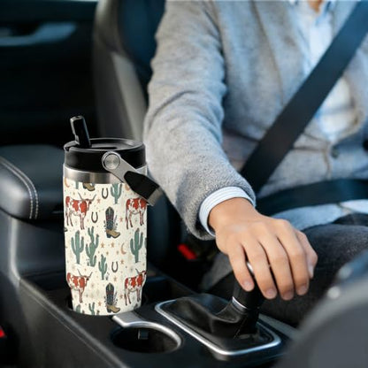30 oz Cow Print Western Tumbler with Handle and Straw, Stainless Steel Vacuum Insulated Travel Mug, Water Bottle, Western Travel Mug,Cow Coffee Mugs for Women - color: cow travel mug