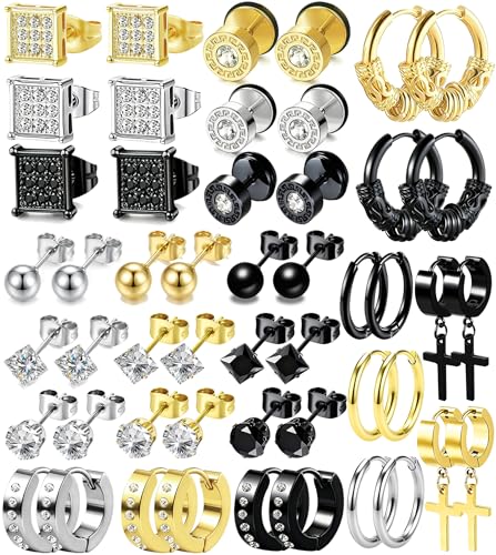 25 Pairs Earrings Set for Men and Women, Black Silver 14K Gold-Plated Mixed Earring Studs Kit Fashion Ear Piercing Jewelry Cross Dangle Hoop