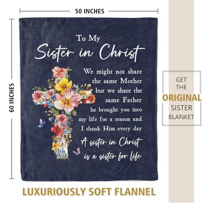 Christian Gifts for Women, Sister in Christ Floral Cross Blanket - color: Navy Blue