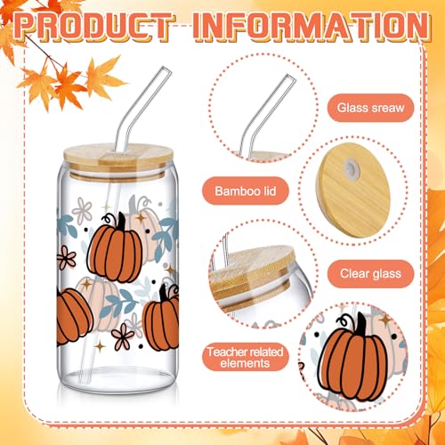 SiliFine 6 Pcs Fall Pumpkin Glass Cups, 16 oz with Lids and Straws - style: Harvest