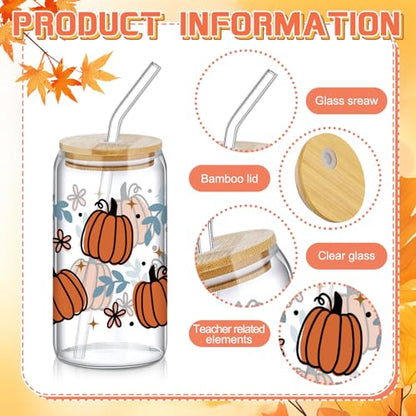 SiliFine 6 Pcs Fall Pumpkin Glass Cups, 16 oz with Lids and Straws - style: Harvest
