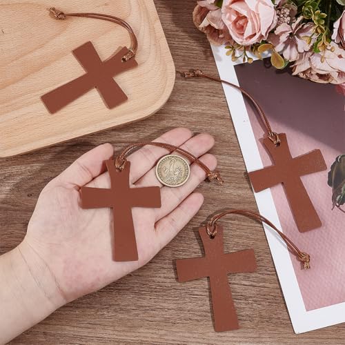 4PCS PU Leather Bible Cross Bookmarks Set for Reading Brown Personalized Blank Book Marks Soft Thin Leather Page Markers with Tassel for DIY Craft Book Mark Bookwormss Readers Christmas
