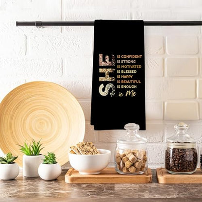 Black Gold She is Me Kitchen Towels, Inspirational Gifts for Women, Postive Affirmations Golden Dish Tea Towels for Kitchen, Inspirational Self Care Hand Towels for Girls Bathroom, 16x24 Inch - color: She