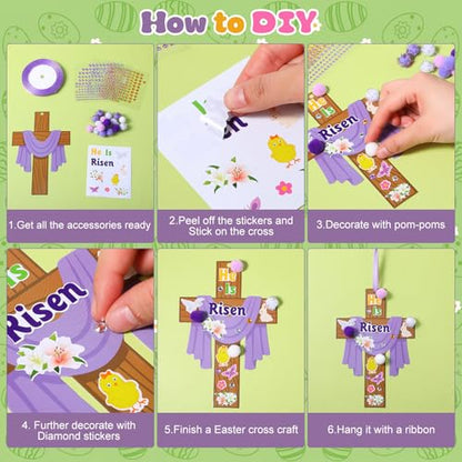 Funrous 48 Sets Crafts Kit Paper Crafts DIY Make Your Own Hanging Ornaments with Pompoms Diamond Stickers for Holiday Classroom Activities Party Favors, Easter Jesus - style: Easter Jesus