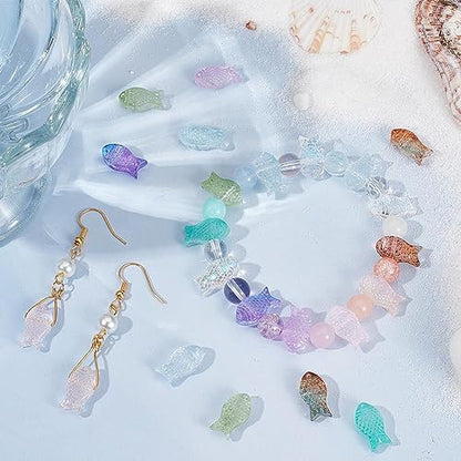 SUNNYCLUE 1 Box 100Pcs Fish Beads Bulk Transparent Glass Fish Bead Colorful Pink Green Blue Marine Life Summer Sea Ocean Animal Mermaid Charms for Jewelry Making Kit Adult Women - color: 1 Box 100pcs Side Drilled Fish Bead Mixed Color
