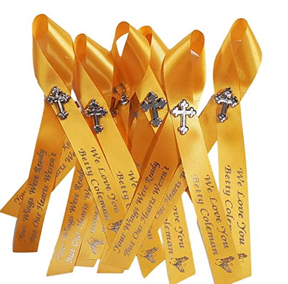 Personalized Memorial Service Funeral Ribbon Pins 20 Cross Religious Celebration of Life Custom Made Awareness Remembrance Anniversary Death Cross Sympathy Name Angel - color: Yellow