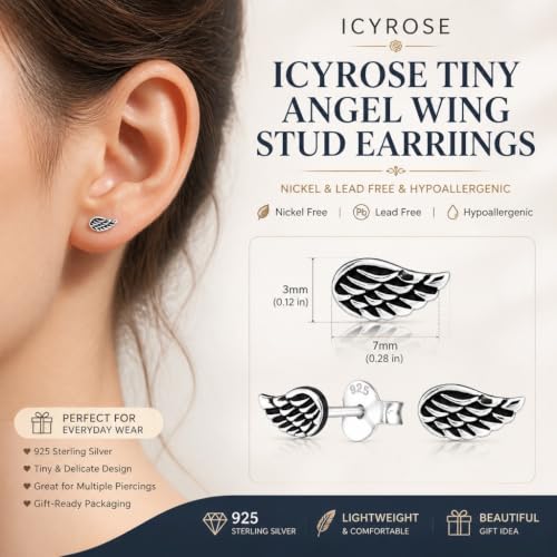 ICYROSE 925 Sterling Silver Tiny Angel Wing Stud Earrings (Nickel Free) - color: Antique Finish