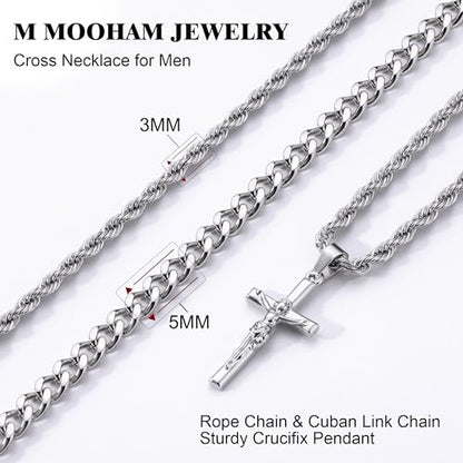 M MOOHAM Layered Crucifix Necklace for Men, Cross Necklace for Men
