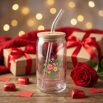 Praying Mama Floral Christian Glass Cups With Wood Lids And Straws, Women Of The Bible Glass Tumbler, Glass Can With Design, Mothers Day Gift Glass Cup, Bridal Party Gifts, Mom Iced Coffee Mug