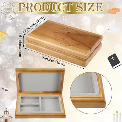 Threehoney First Communion Valet Box Wooden Jewelry Box with Felt Lining 7.5 x 4.7 x 1.6 Inch Personalized First Holy Communion Gifts for Religious Keepsakes and Rosary Beads Storage