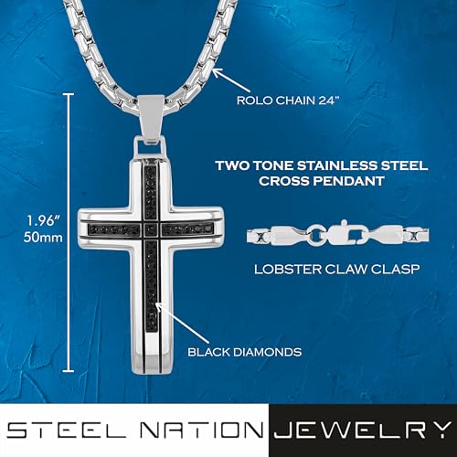 Steel Nation Men’s .25 CTW Black Diamond Cross Stainless Steel 24" Necklace