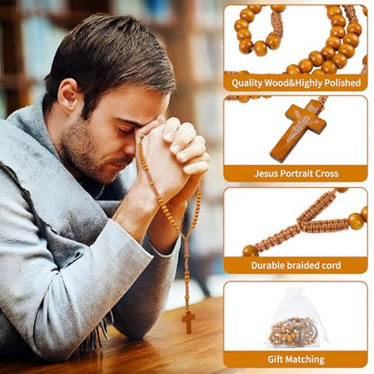 100 Set Wooden Rosaries Bulk Wood Catholic Rosary Beads for Men Women with Jesus Holy Cross First Communion Rosary with Organza Bags Religious Baptism Funeral Favors Confirmation Present