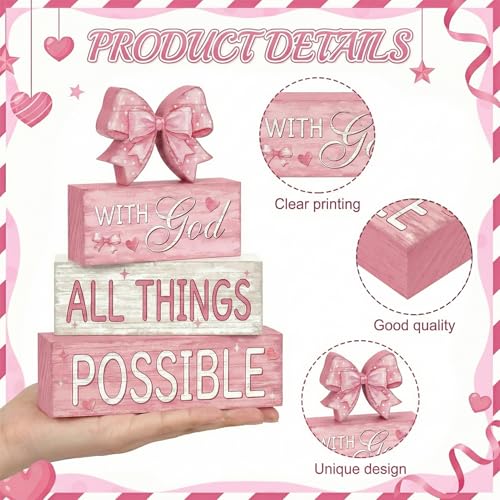 Britimes Tiered Tray Decor Set, 4 Pack, Wooden Table Sign, Pink Bow - style: Pink Bow