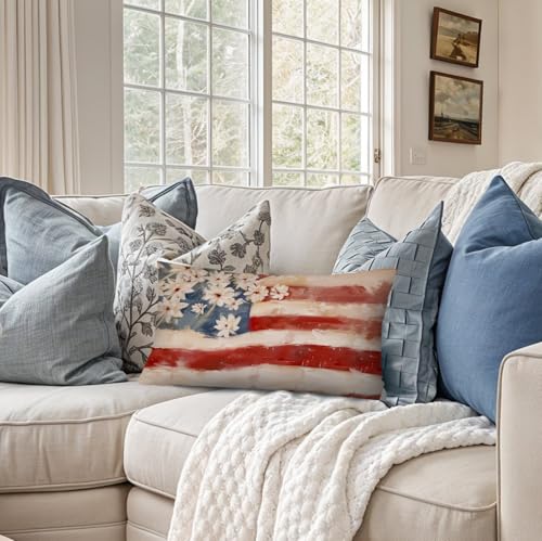 American Flag Floral Patriotic Pillow Covers 12x20 Inch - color: White-flower