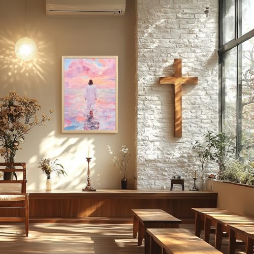 FASWQ Wood Framed Pink Jesus Walking on Water Wall Art 20x30 in - color: JesusBack(Wood), size: 30"L x 20"W