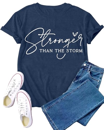 Christian Shirts for Women Stronger Than the Storm T-Shirt Bible Verse Inspirational Tee Tops - color: Blue, size: X-Large