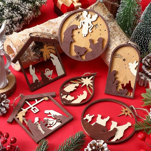 Bucherry 6 Pcs Wooden Christmas Nativity Scene Ornaments Bulk,Retro Style - style: Retro Style