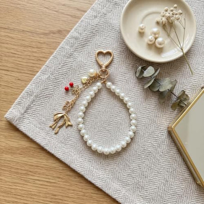 Cute Bag Charms Keychain - Pearl Keyring Wristlet Birthday Gifts - color: Gold Bow