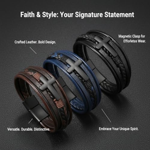 Stainless Steel Braided Leather Bracelet for Men Cuff Bangle Cross - color: 3 Colors&Black Cross
